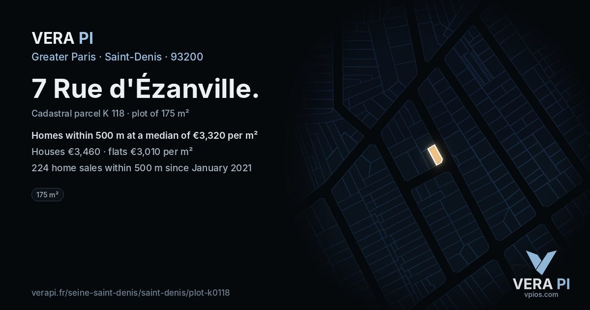 7 Rue d'Ézanville, Saint-Denis at night – the plot lit, the parcels around coloured by the prices near them