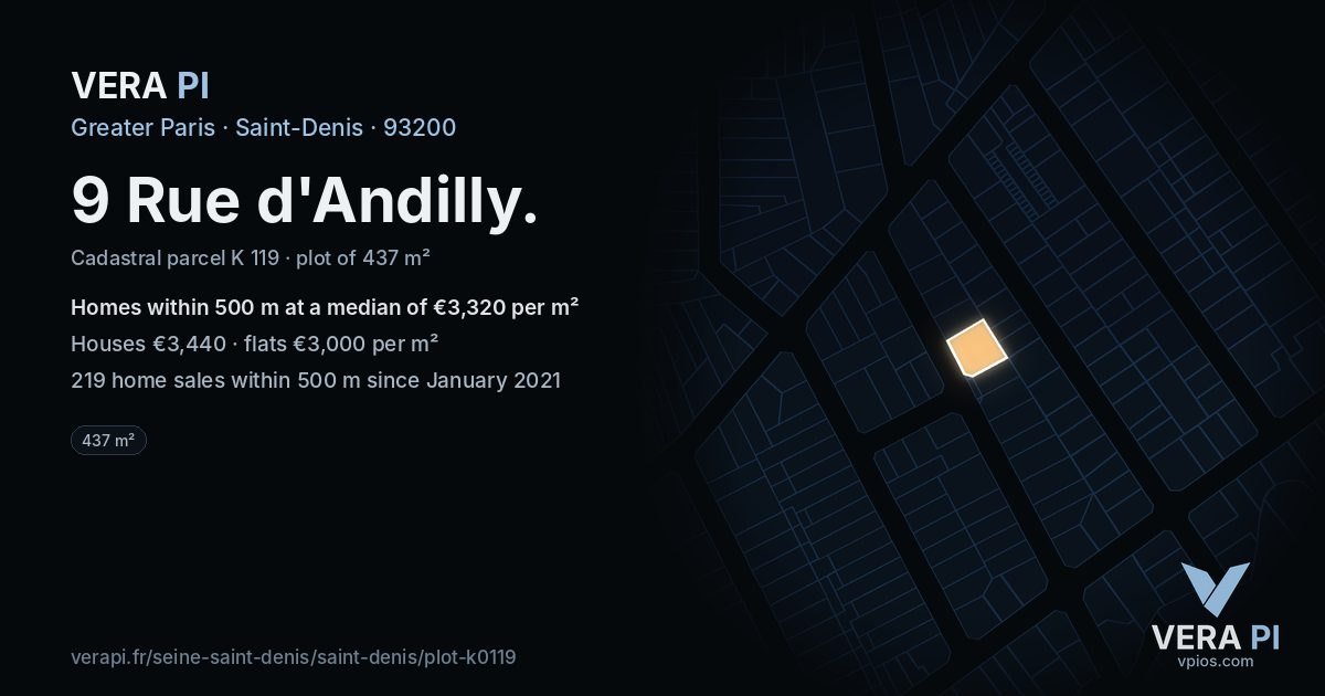9 Rue d'Andilly, Saint-Denis at night – the plot lit, the parcels around coloured by the prices near them