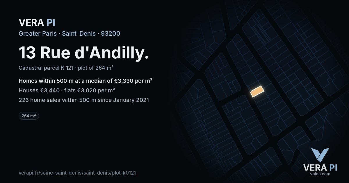 13 Rue d'Andilly, Saint-Denis at night – the plot lit, the parcels around coloured by the prices near them