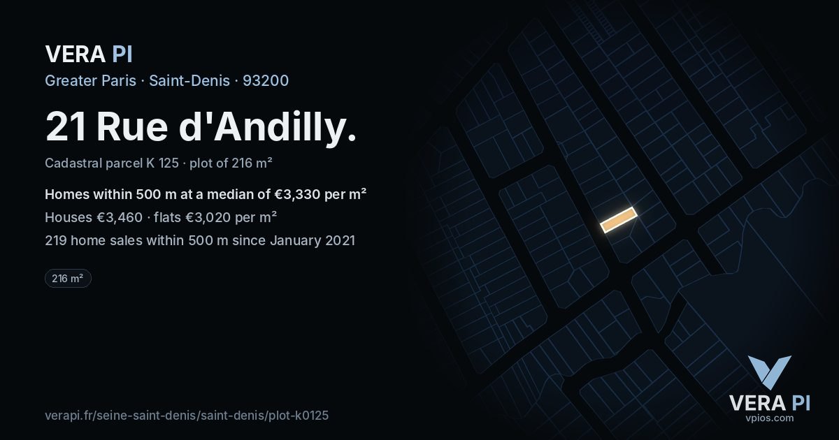 21 Rue d'Andilly, Saint-Denis at night – the plot lit, the parcels around coloured by the prices near them