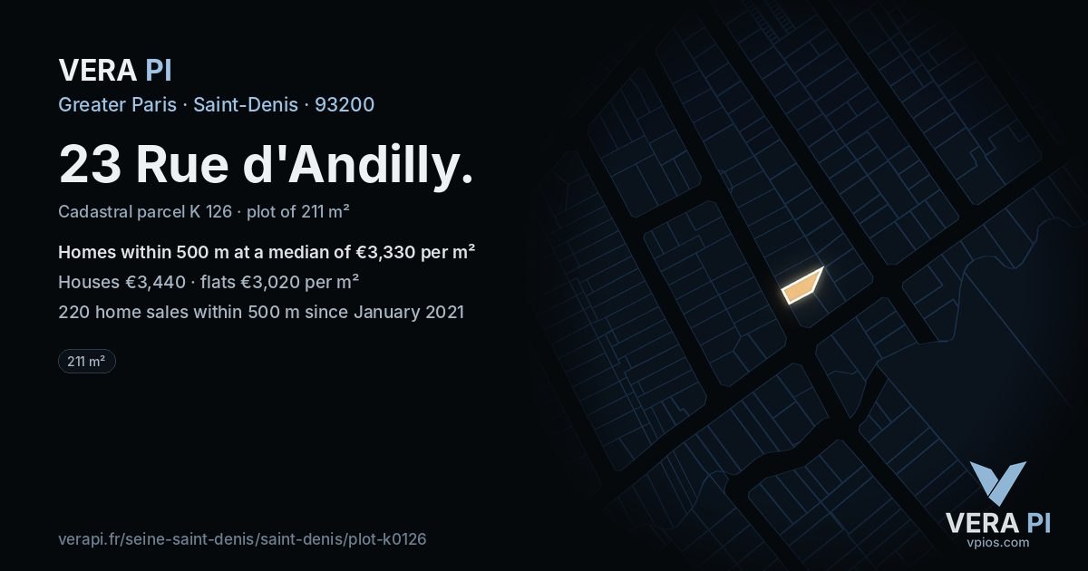 23 Rue d'Andilly, Saint-Denis at night – the plot lit, the parcels around coloured by the prices near them