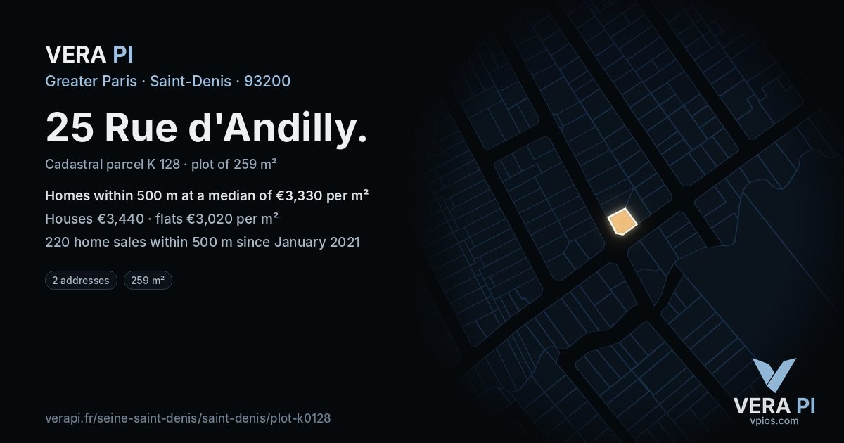 25 Rue d'Andilly, Saint-Denis at night – the plot lit, the parcels around coloured by the prices near them