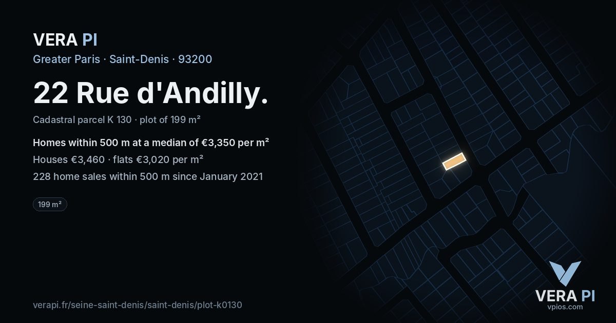 22 Rue d'Andilly, Saint-Denis at night – the plot lit, the parcels around coloured by the prices near them