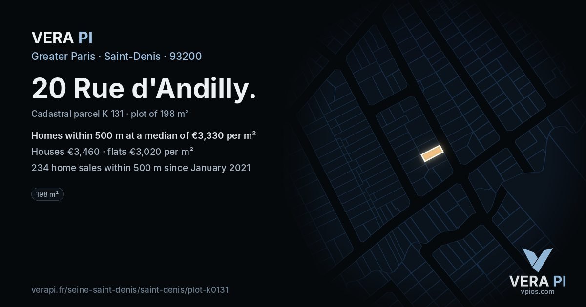 20 Rue d'Andilly, Saint-Denis at night – the plot lit, the parcels around coloured by the prices near them