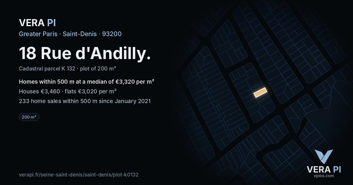 18 Rue d'Andilly, Saint-Denis at night – the plot lit, the parcels around coloured by the prices near them