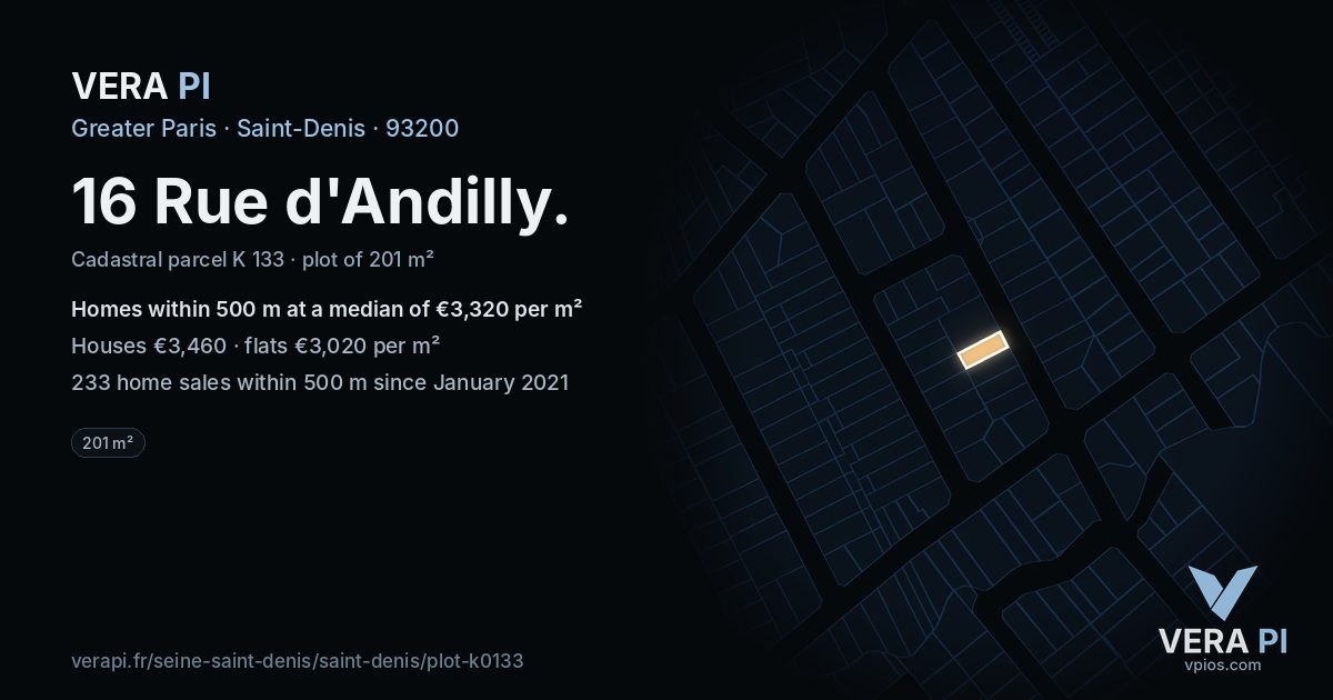 16 Rue d'Andilly, Saint-Denis at night – the plot lit, the parcels around coloured by the prices near them