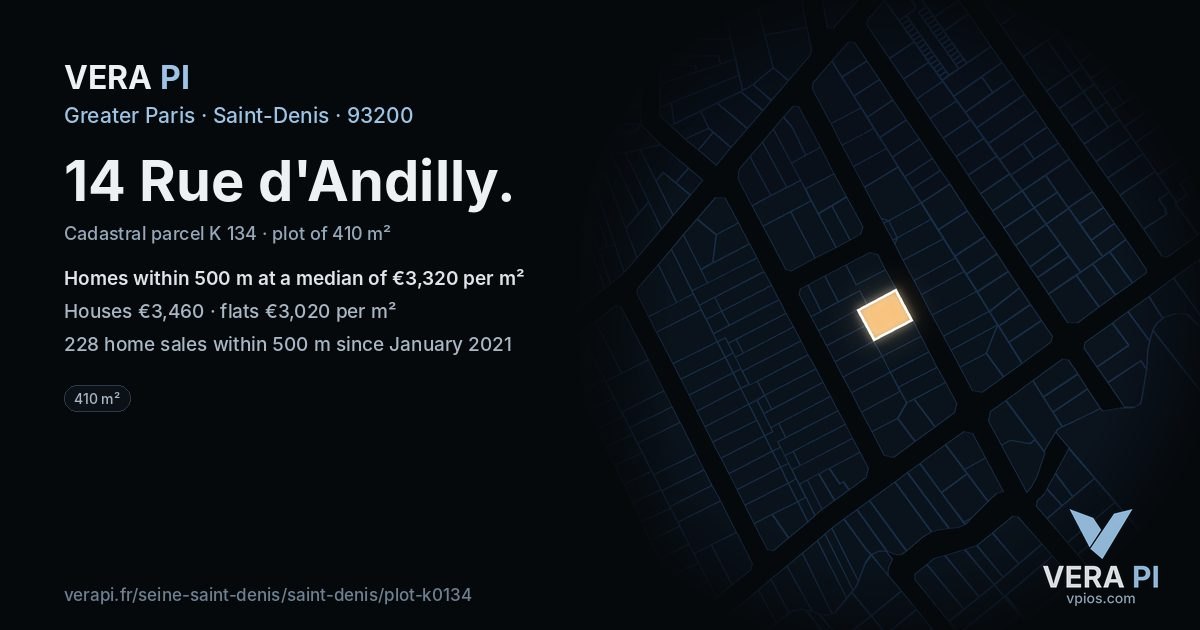 14 Rue d'Andilly, Saint-Denis at night – the plot lit, the parcels around coloured by the prices near them