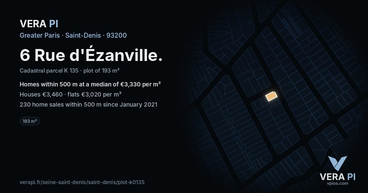 6 Rue d'Ézanville, Saint-Denis at night – the plot lit, the parcels around coloured by the prices near them