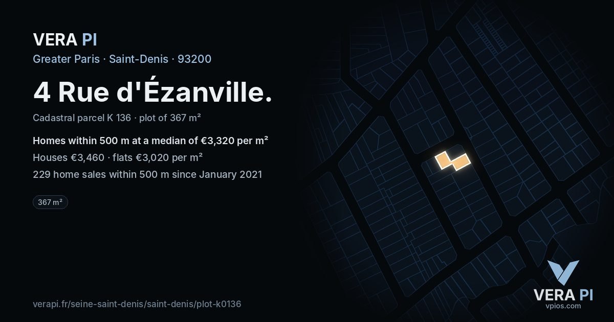 4 Rue d'Ézanville, Saint-Denis at night – the plot lit, the parcels around coloured by the prices near them