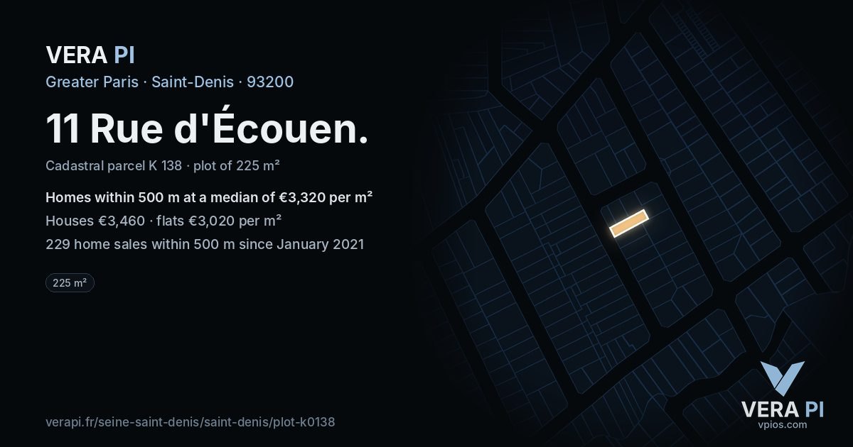 11 Rue d'Écouen, Saint-Denis at night – the plot lit, the parcels around coloured by the prices near them