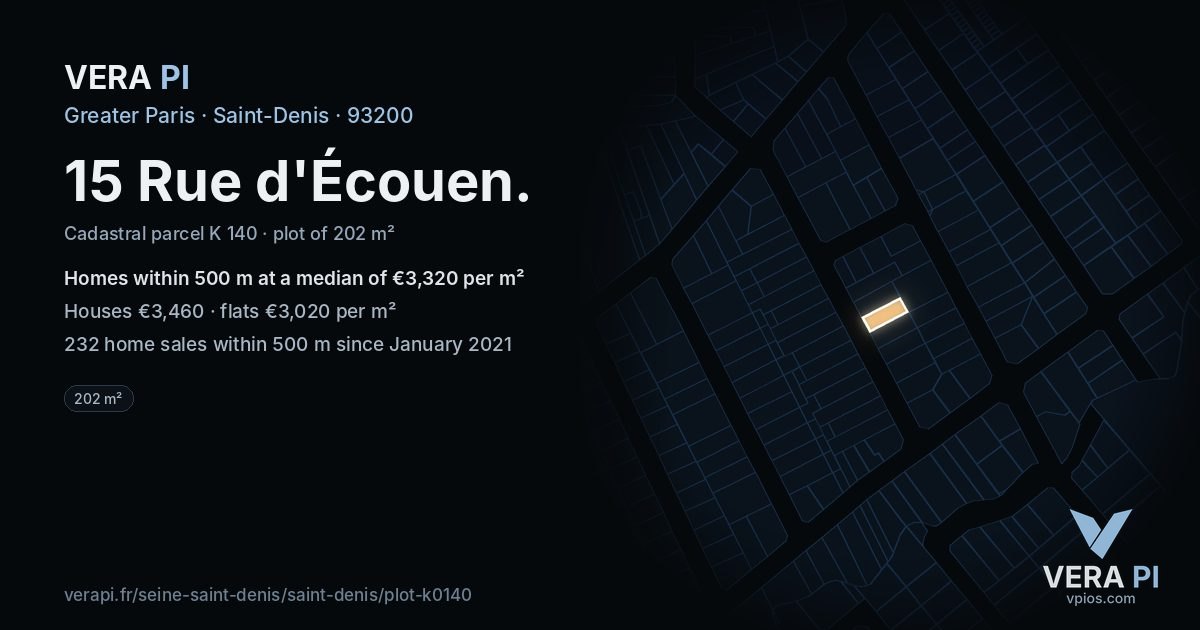 15 Rue d'Écouen, Saint-Denis at night – the plot lit, the parcels around coloured by the prices near them