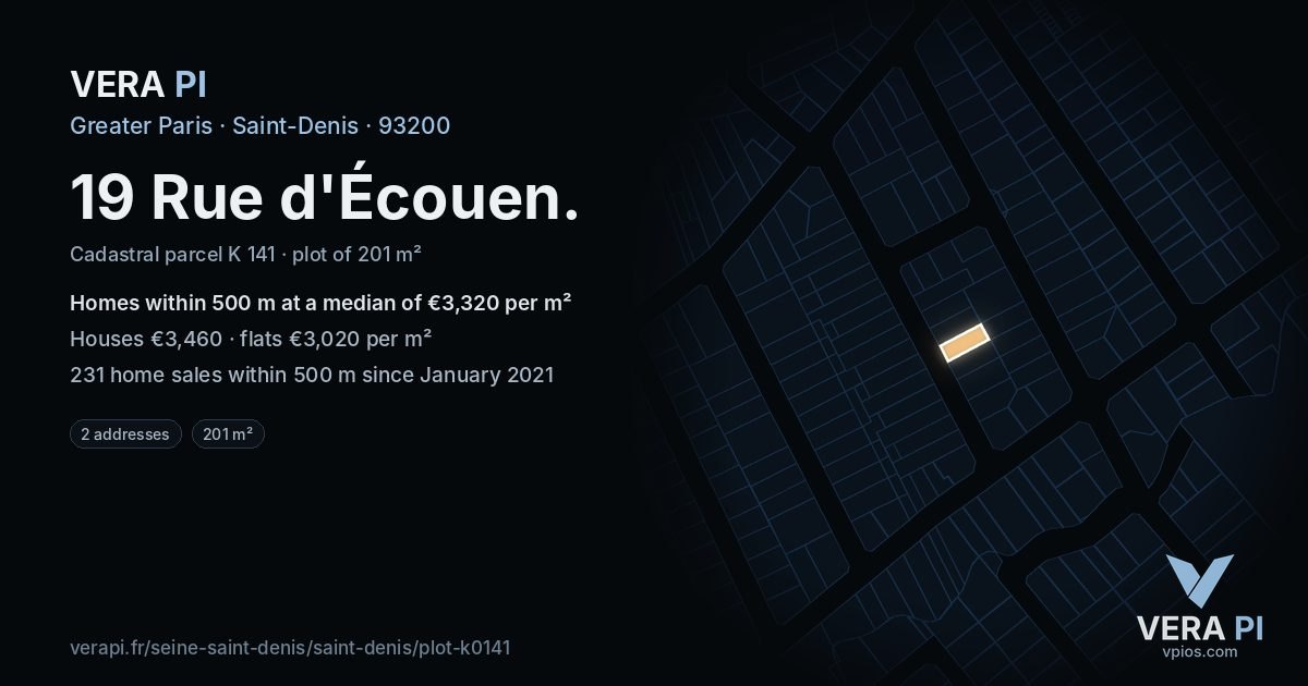 19 Rue d'Écouen, Saint-Denis at night – the plot lit, the parcels around coloured by the prices near them