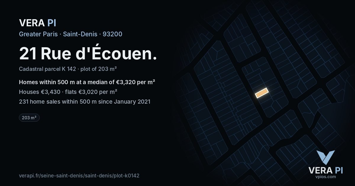 21 Rue d'Écouen, Saint-Denis at night – the plot lit, the parcels around coloured by the prices near them