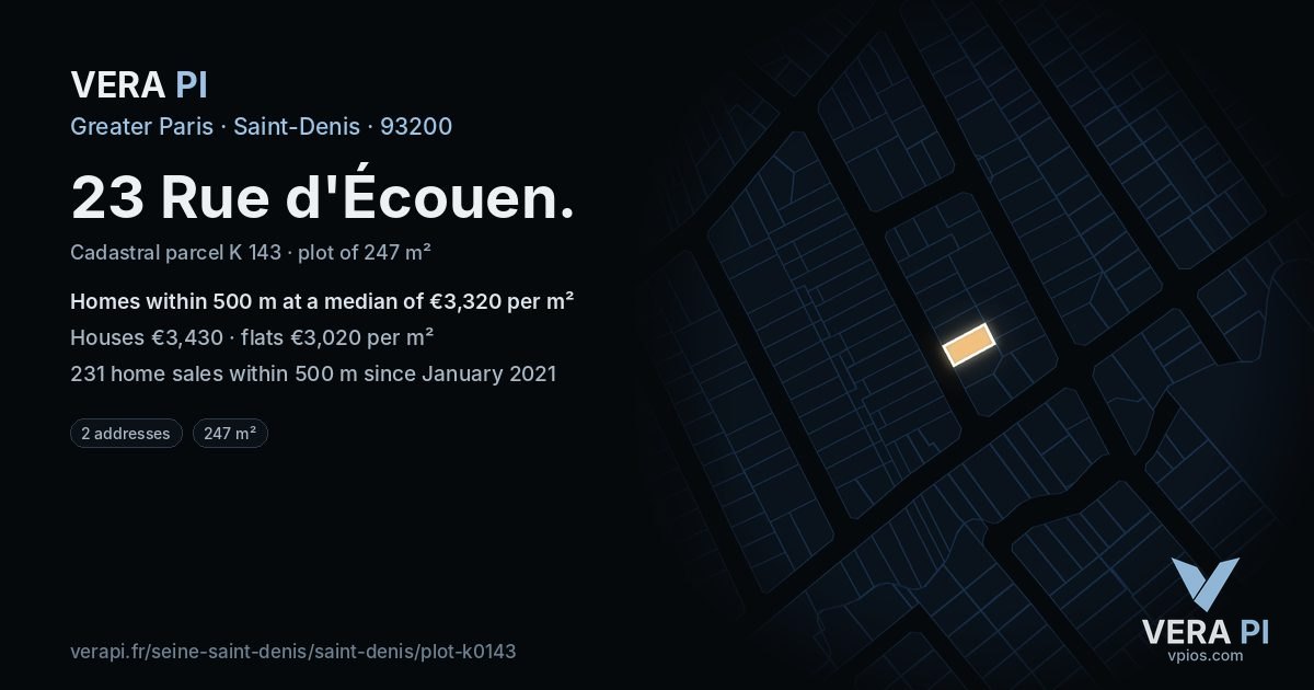 23 Rue d'Écouen, Saint-Denis at night – the plot lit, the parcels around coloured by the prices near them