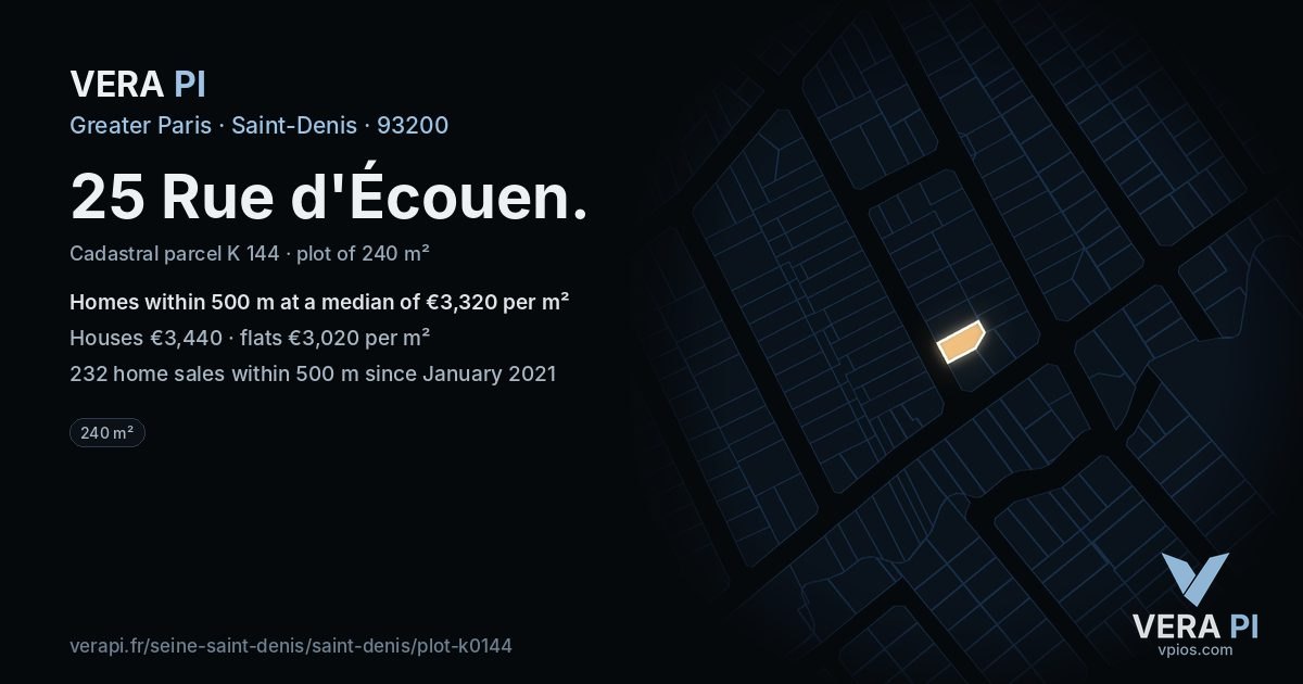 25 Rue d'Écouen, Saint-Denis at night – the plot lit, the parcels around coloured by the prices near them