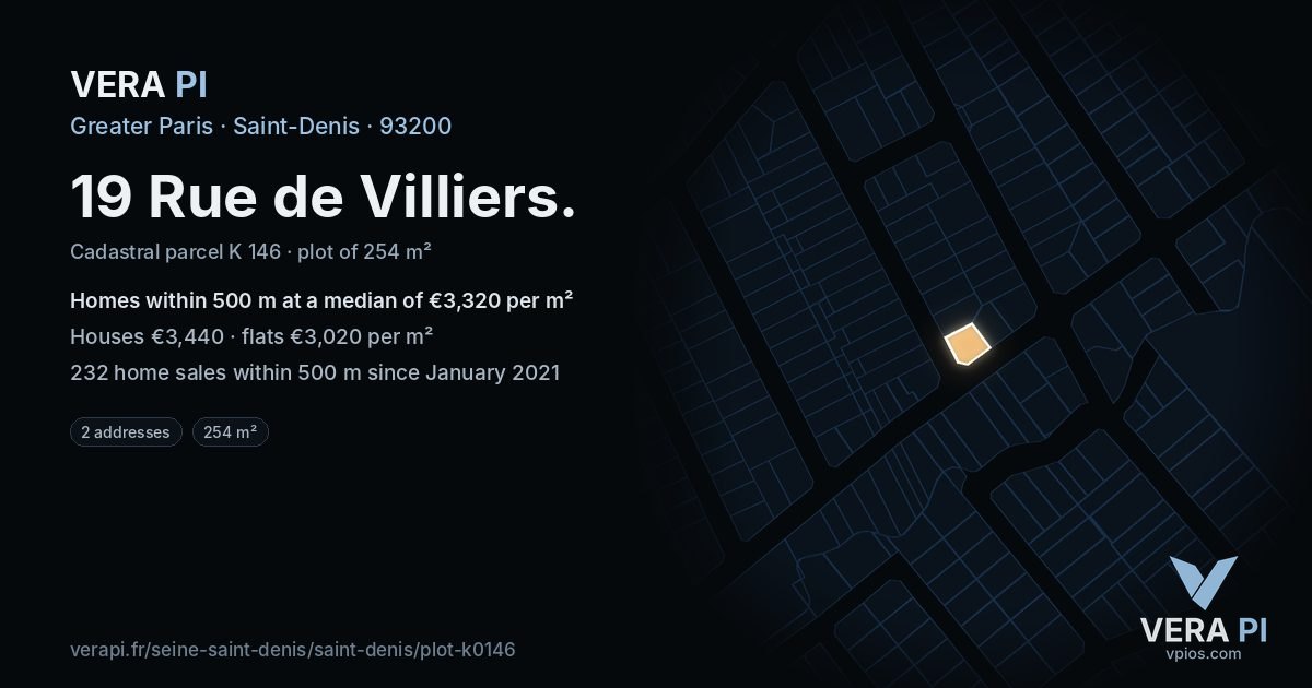 19 Rue de Villiers, Saint-Denis at night – the plot lit, the parcels around coloured by the prices near them