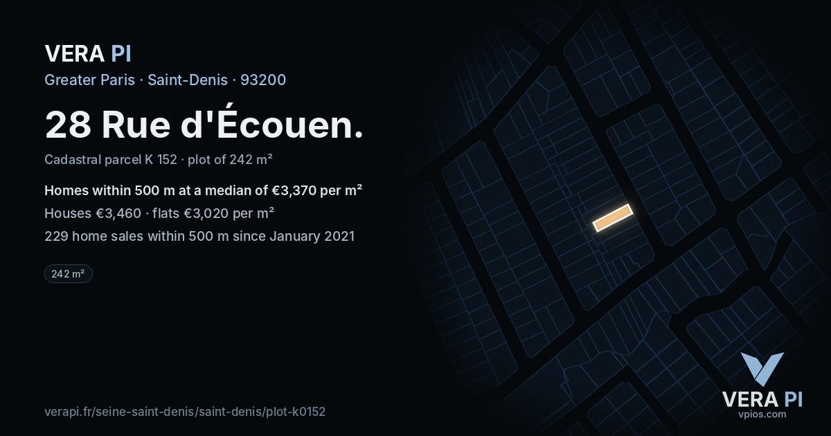 28 Rue d'Écouen, Saint-Denis at night – the plot lit, the parcels around coloured by the prices near them
