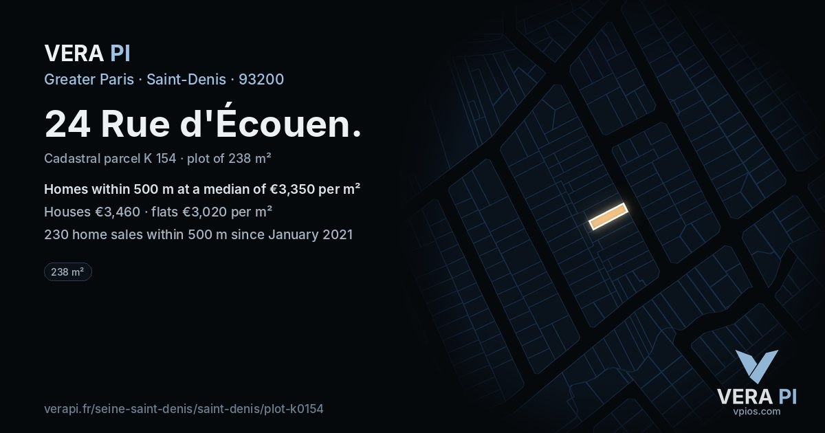 24 Rue d'Écouen, Saint-Denis at night – the plot lit, the parcels around coloured by the prices near them