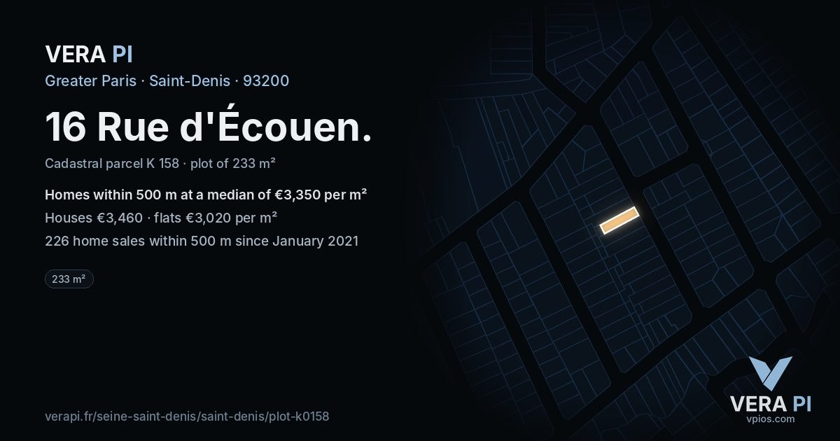 16 Rue d'Écouen, Saint-Denis at night – the plot lit, the parcels around coloured by the prices near them