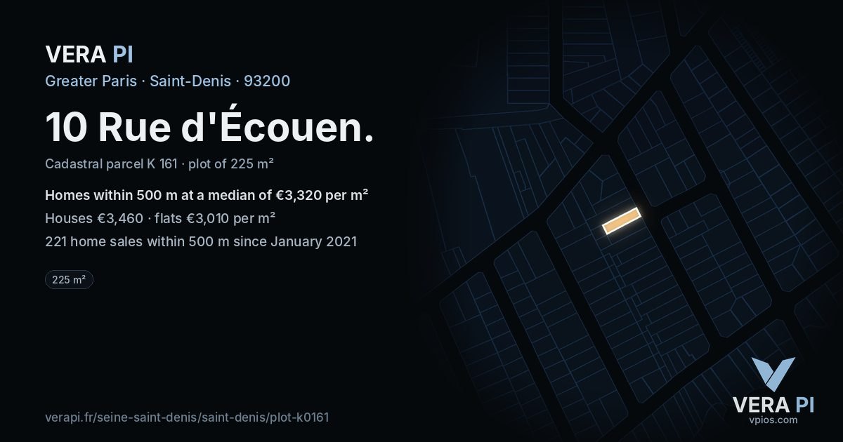 10 Rue d'Écouen, Saint-Denis at night – the plot lit, the parcels around coloured by the prices near them