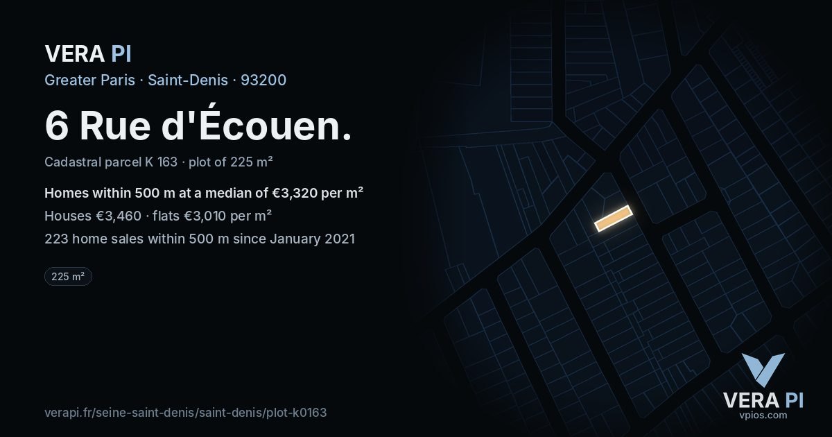 6 Rue d'Écouen, Saint-Denis at night – the plot lit, the parcels around coloured by the prices near them