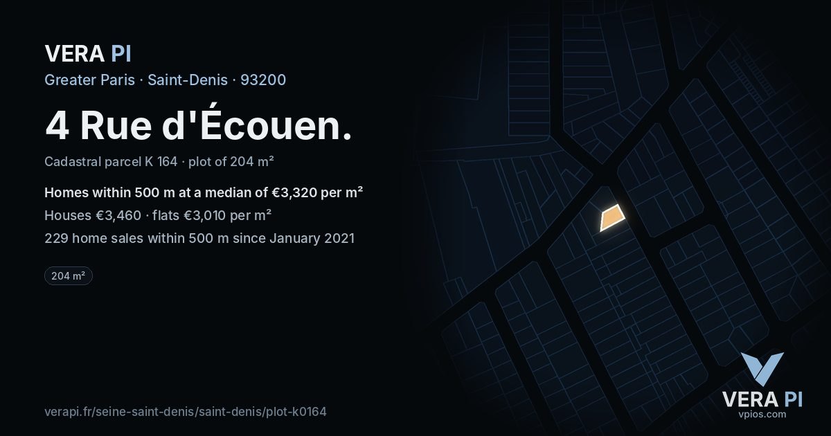 4 Rue d'Écouen, Saint-Denis at night – the plot lit, the parcels around coloured by the prices near them