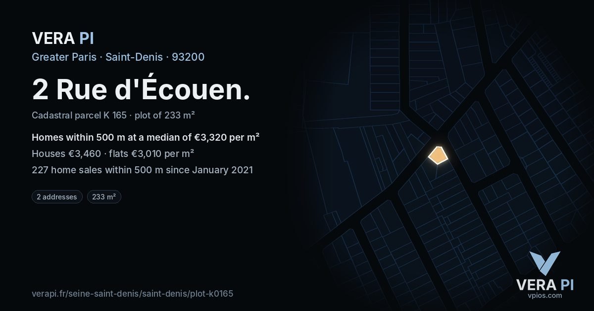 2 Rue d'Écouen, Saint-Denis at night – the plot lit, the parcels around coloured by the prices near them
