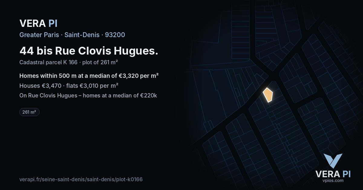44 bis Rue Clovis Hugues, Saint-Denis at night – the plot lit, the parcels around coloured by the prices near them
