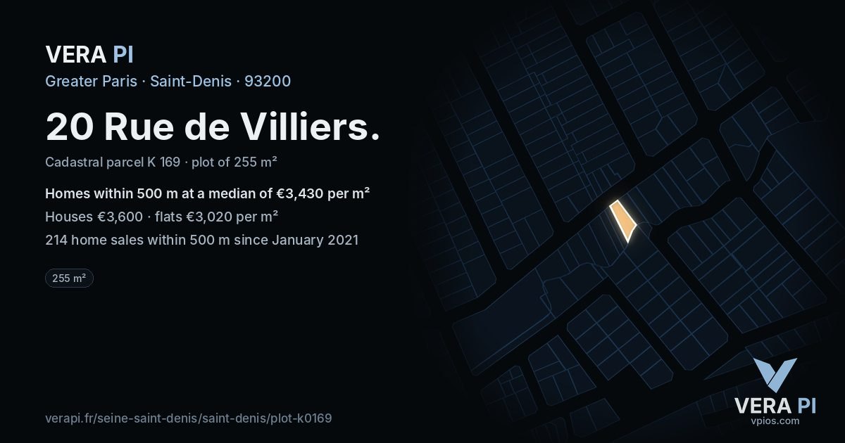 20 Rue de Villiers, Saint-Denis at night – the plot lit, the parcels around coloured by the prices near them