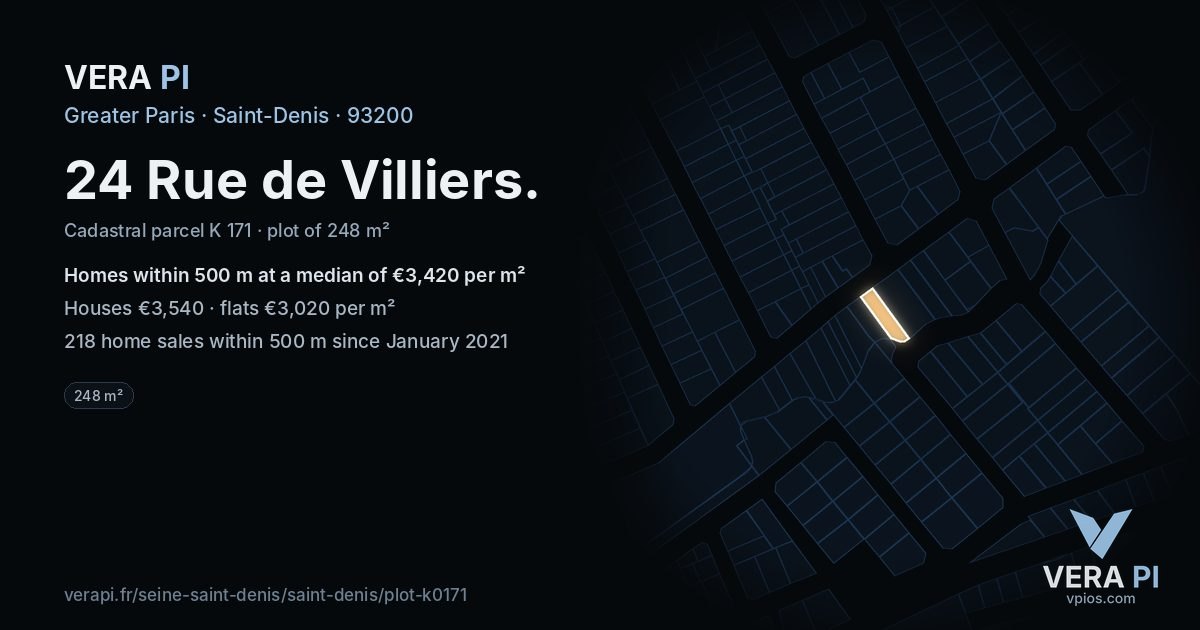 24 Rue de Villiers, Saint-Denis at night – the plot lit, the parcels around coloured by the prices near them