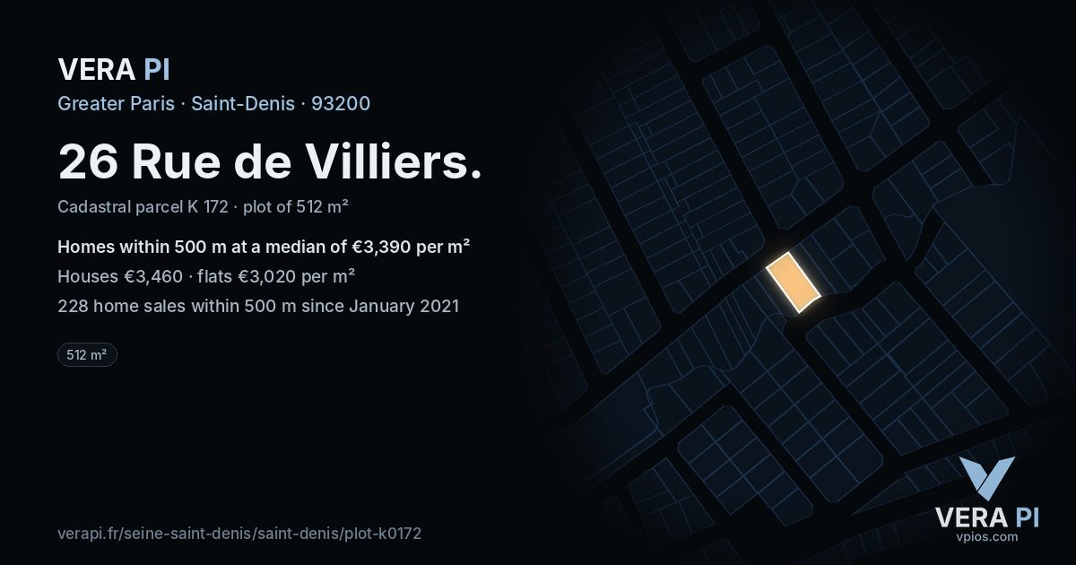 26 Rue de Villiers, Saint-Denis at night – the plot lit, the parcels around coloured by the prices near them