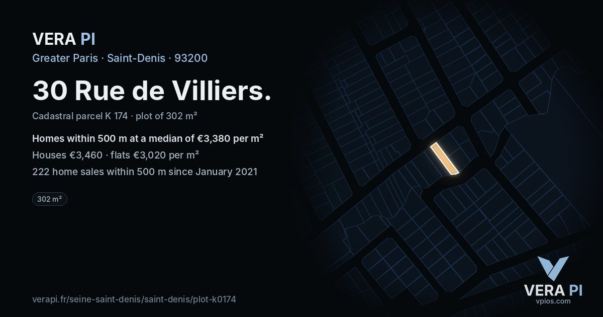 30 Rue de Villiers, Saint-Denis at night – the plot lit, the parcels around coloured by the prices near them