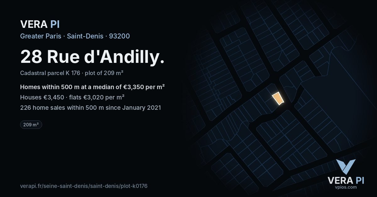 28 Rue d'Andilly, Saint-Denis at night – the plot lit, the parcels around coloured by the prices near them