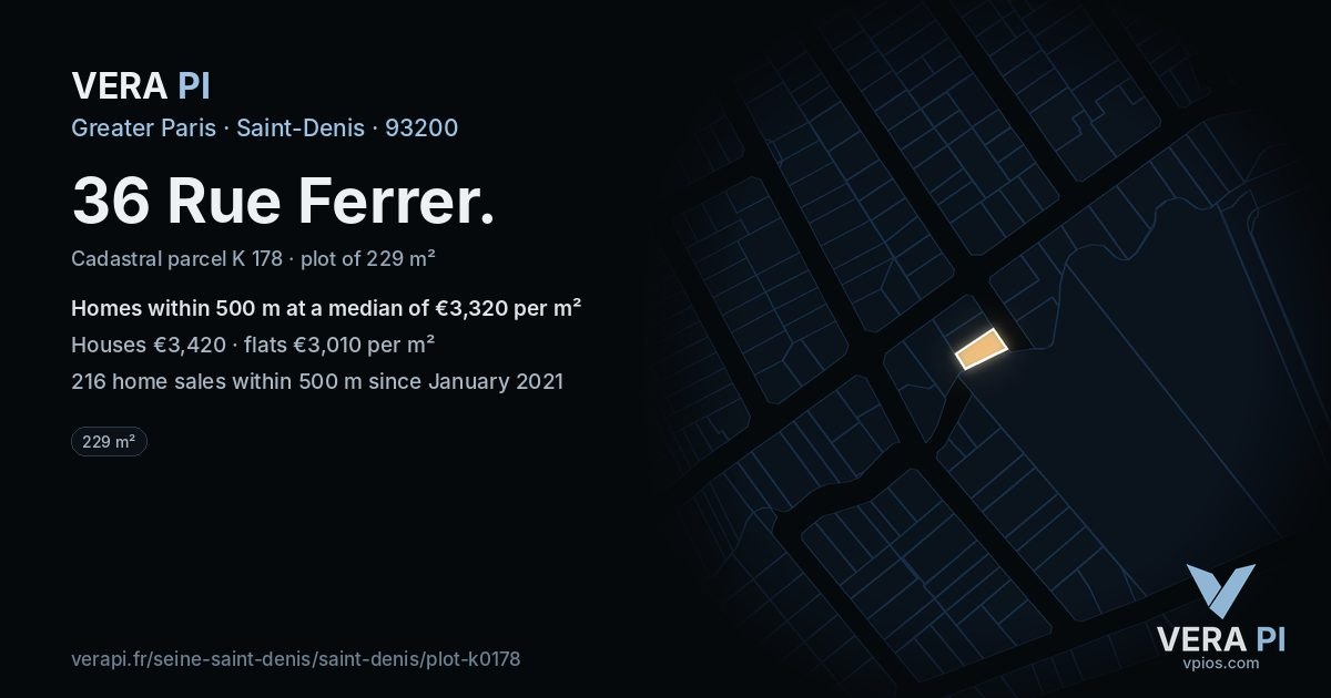 36 Rue Ferrer, Saint-Denis at night – the plot lit, the parcels around coloured by the prices near them