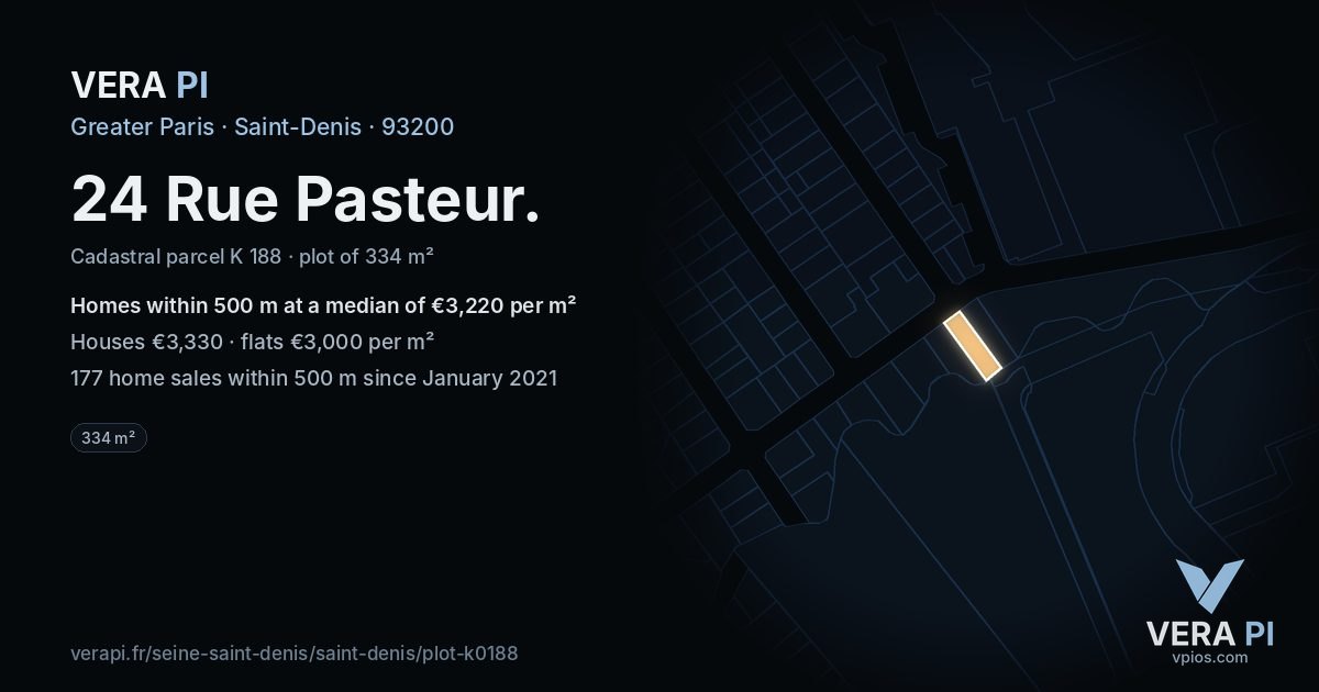 24 Rue Pasteur, Saint-Denis at night – the plot lit, the parcels around coloured by the prices near them