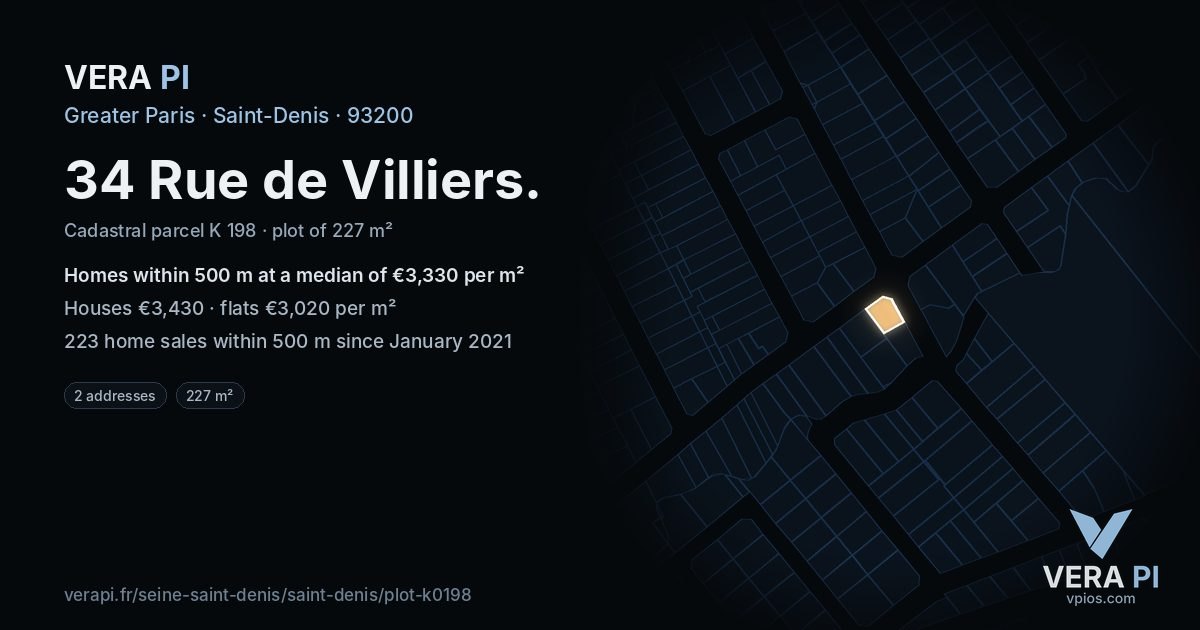 34 Rue de Villiers, Saint-Denis at night – the plot lit, the parcels around coloured by the prices near them