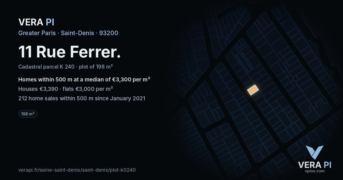 11 Rue Ferrer, Saint-Denis at night – the plot lit, the parcels around coloured by the prices near them