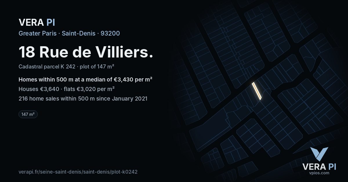 18 Rue de Villiers, Saint-Denis at night – the plot lit, the parcels around coloured by the prices near them