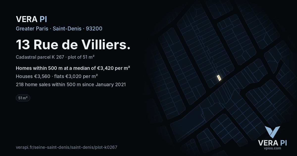 13 Rue de Villiers, Saint-Denis at night – the plot lit, the parcels around coloured by the prices near them
