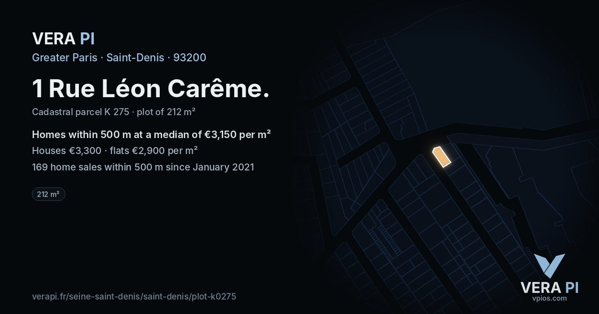 1 Rue Léon Carême, Saint-Denis at night – the plot lit, the parcels around coloured by the prices near them