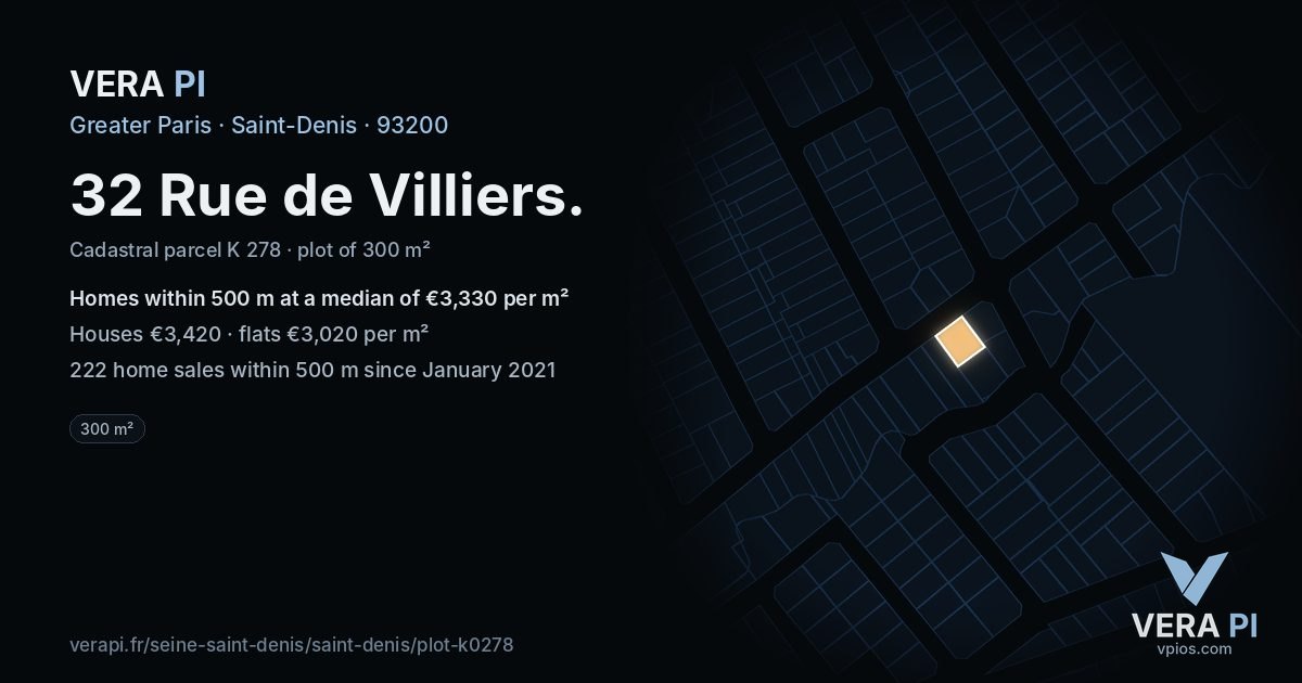 32 Rue de Villiers, Saint-Denis at night – the plot lit, the parcels around coloured by the prices near them