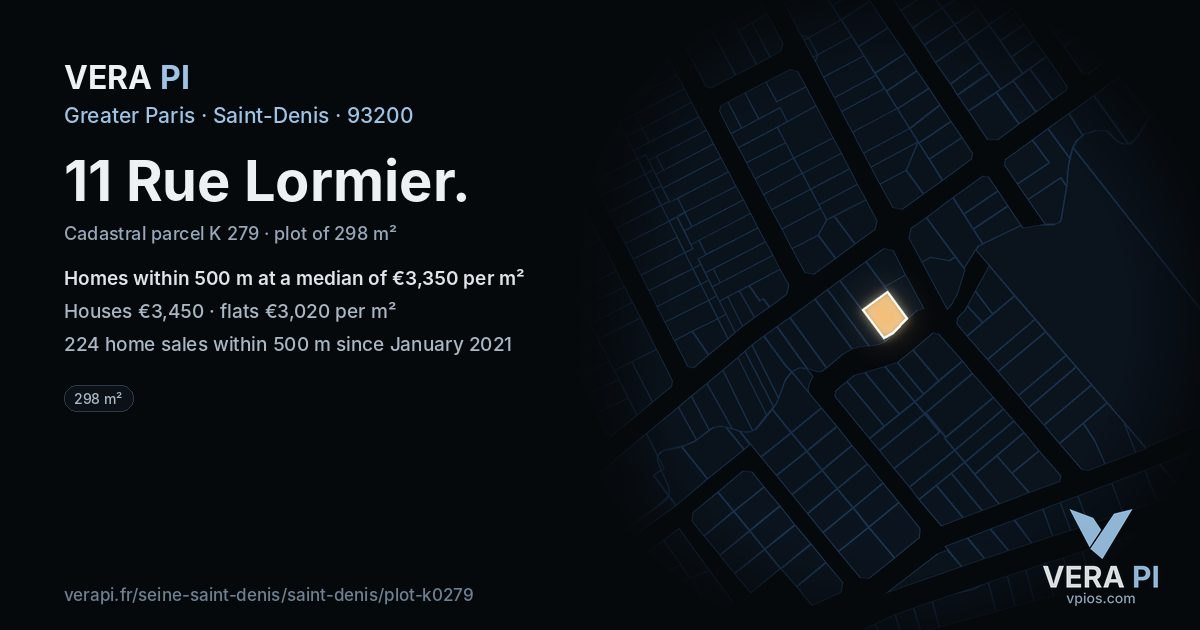 11 Rue Lormier, Saint-Denis at night – the plot lit, the parcels around coloured by the prices near them