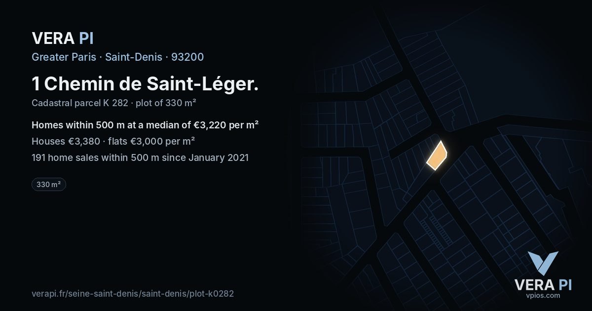 1 Chemin de Saint-Léger, Saint-Denis at night – the plot lit, the parcels around coloured by the prices near them