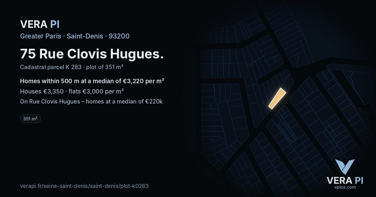 75 Rue Clovis Hugues, Saint-Denis at night – the plot lit, the parcels around coloured by the prices near them