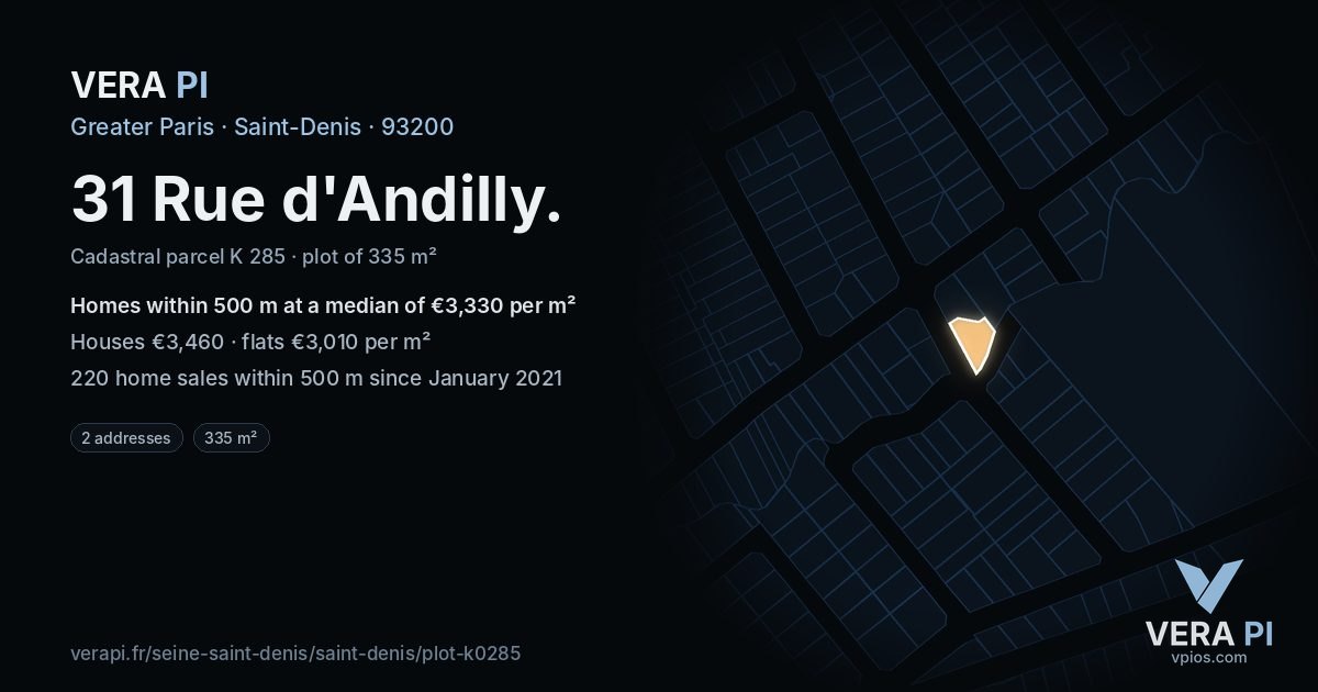 31 Rue d'Andilly, Saint-Denis at night – the plot lit, the parcels around coloured by the prices near them