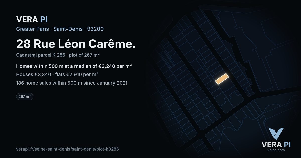 28 Rue Léon Carême, Saint-Denis at night – the plot lit, the parcels around coloured by the prices near them