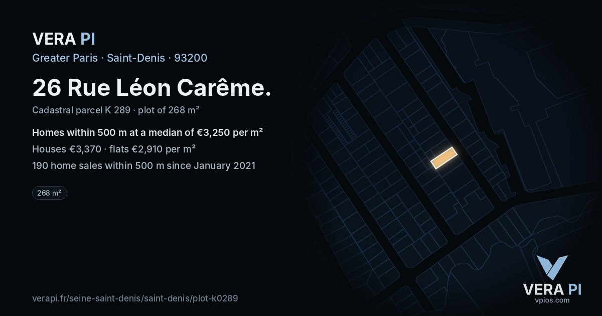 26 Rue Léon Carême, Saint-Denis at night – the plot lit, the parcels around coloured by the prices near them