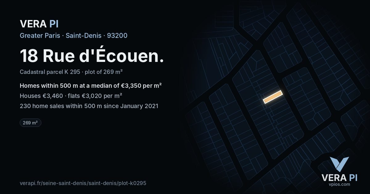 18 Rue d'Écouen, Saint-Denis at night – the plot lit, the parcels around coloured by the prices near them