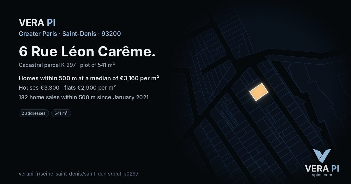 6 Rue Léon Carême, Saint-Denis at night – the plot lit, the parcels around coloured by the prices near them