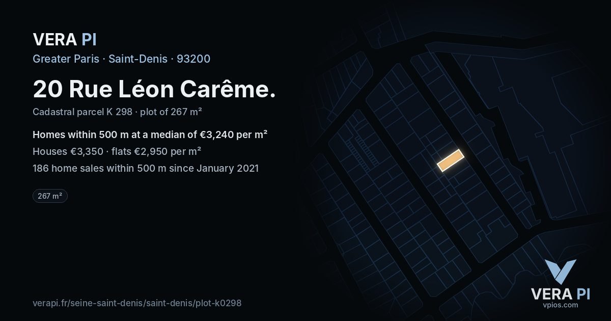 20 Rue Léon Carême, Saint-Denis at night – the plot lit, the parcels around coloured by the prices near them
